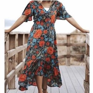 Abel The Label Tropical Fantasy Floral Flutter Sleeve Midi Dress Green Orange XS